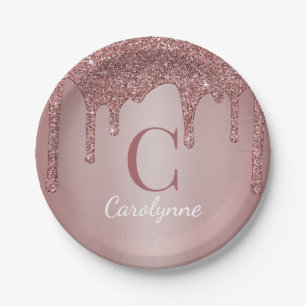 Girly Rose Gold Glitter Drips Monogram Birthday Paper Plate