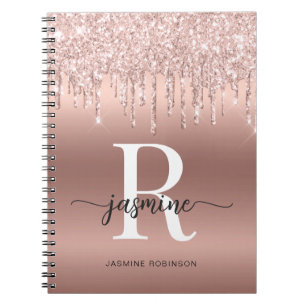 Girly Rose Gold Glitter Drips Monogram Name Script Notebook