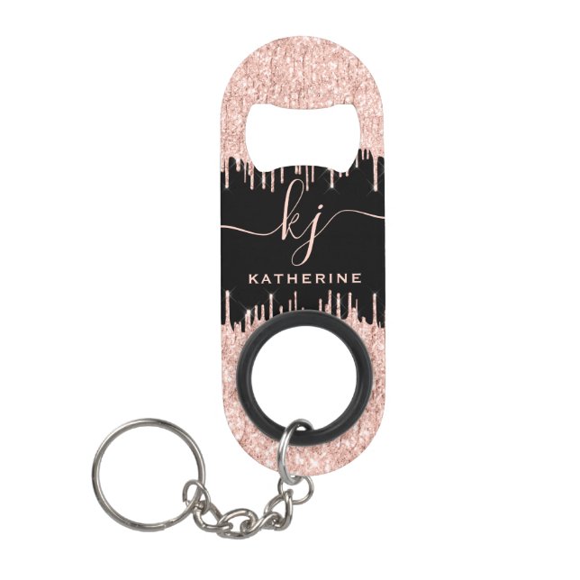 Girly Rose Gold Glitter Drips Monogrammed Keychain Bottle Opener (Front)