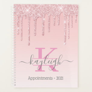 Girly Rose Gold Glitter Drips Ombre Monogram 2021 Planner