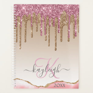 Girly Rose Gold Glitter Drips Ombre Monogram 2021 Planner