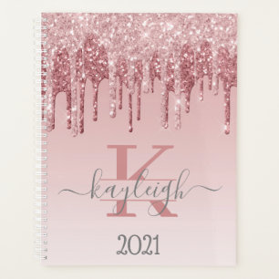 Girly Rose Gold Glitter Drips Ombre Monogram 2021 Planner