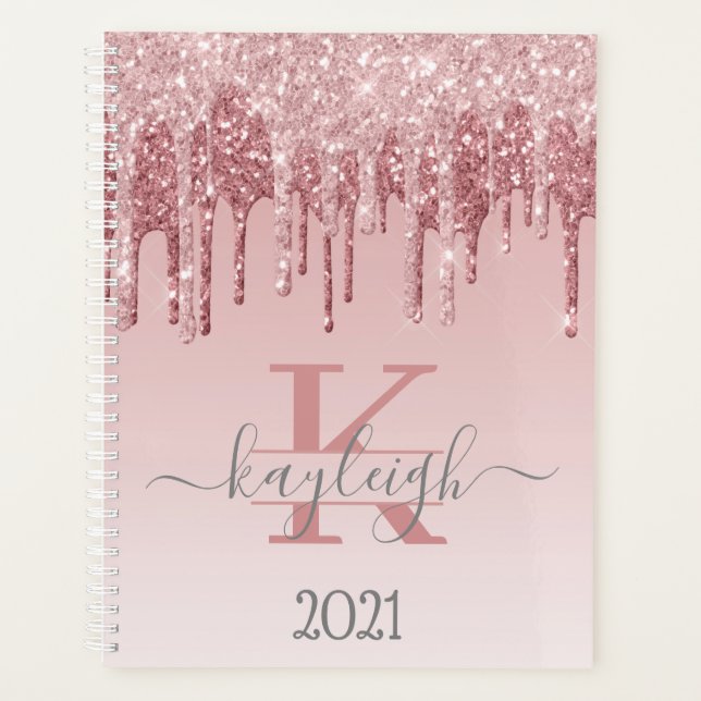 Girly Rose Gold Glitter Drips Ombre Monogram 2021 Planner (Front)