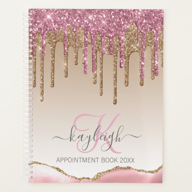 Girly Rose Gold Glitter Drips Ombre Monogram 2024 Planner (Front)