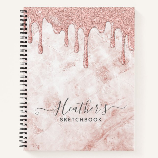 Girly Rose Gold Glitter Drips Sketchbook Notebook (Front)