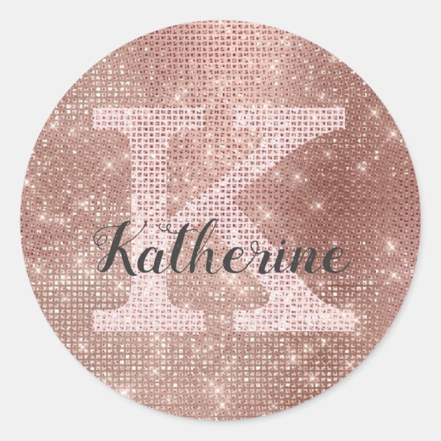 Girly Rose Gold Glitter Glam Sparkle Monogram Name Classic Round Sticker (Front)