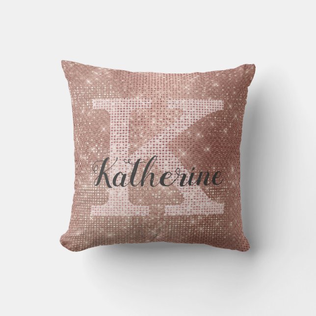 Girly Rose Gold Glitter Glam Sparkle Monogram Name Throw Pillow (Front)