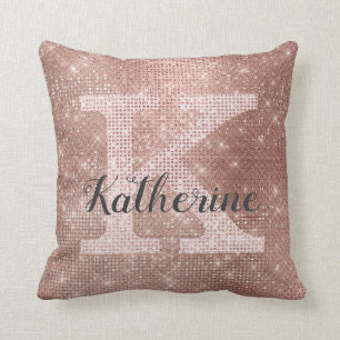 Girly Rose Gold Glitter Glam Sparkle Monogram Name Throw Pillow
