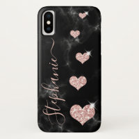 Girly Rose Gold Glitter Hearts Black Marble Name