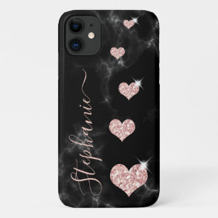 Girly Rose Gold Glitter Hearts Black Marble Name Case-Mate iPhone Case