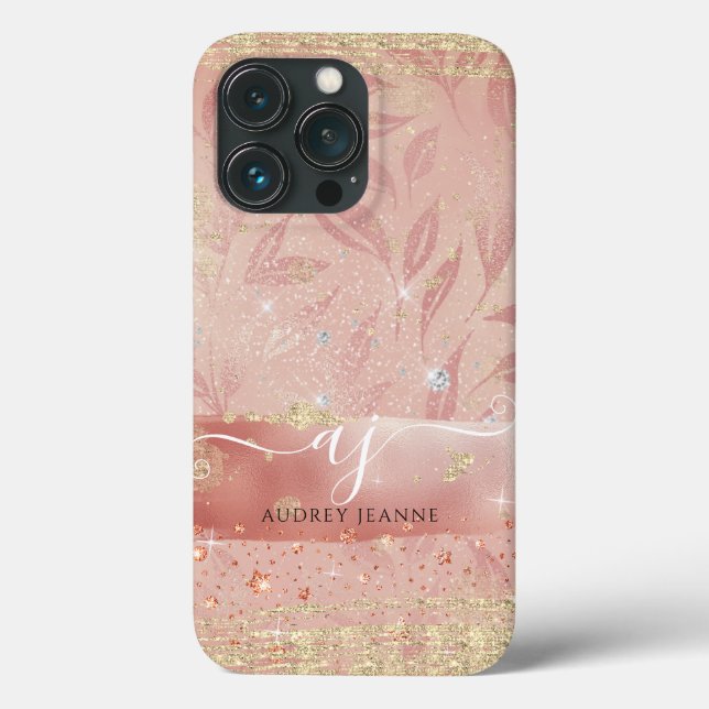 Girly Rose Gold Glitter Jewel Foliage Script Name Case-Mate iPhone Case (Back)