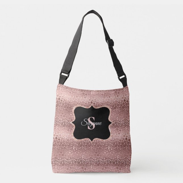 Girly Rose Gold Glitter Leopard Monogram   Crossbody Bag (Front)