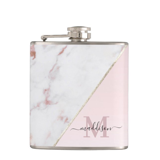 Girly Rose Gold Glitter Marble Monogram Hip Flask (Front)