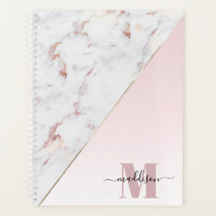 Girly Rose Gold Glitter Marble Monogram Planner
