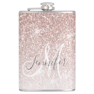 Girly Rose Gold Glitter Monogram Bachelorette Hip Flask