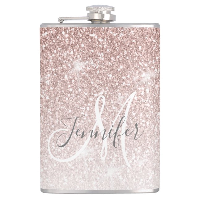 Girly Rose Gold Glitter Monogram Bachelorette Hip Flask (Front)
