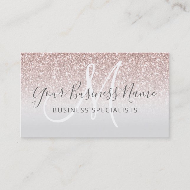 Girly Rose Gold Glitter Monogram Logo Business Card (Front)