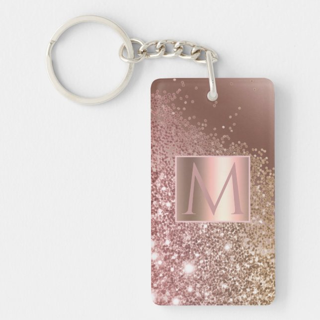 Girly Rose Gold Glitter Name Monogram Keychain (Front)