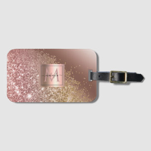 Girly Rose Gold Glitter Name Monogram Luggage Tag