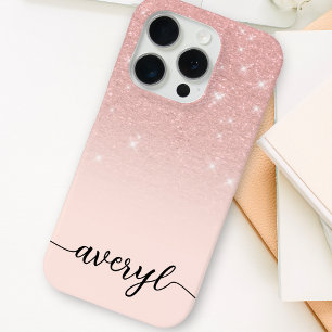 Girly rose gold glitter ombre sparkles monogrammed iPhone 15 pro case