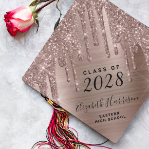 Girly Rose Gold Glitter Personalized Graduation Cap Topper