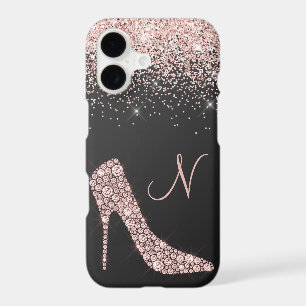Girly Rose Gold Glitter Shoe Script Monogram Black