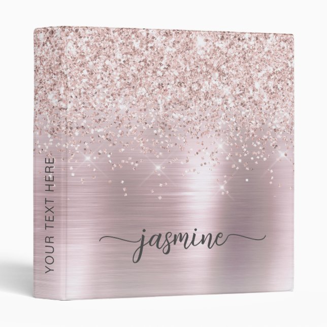 Girly Rose Gold Glitter Signature Name Script 3 Ri Binder (Front/Spine)