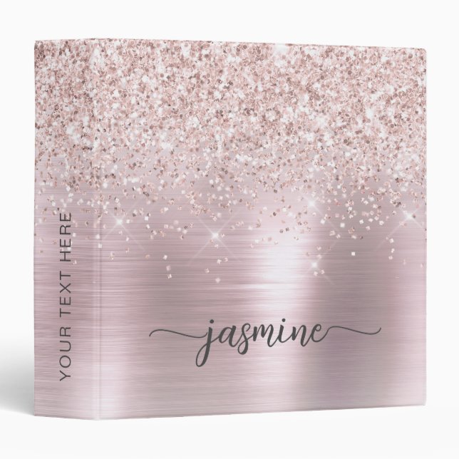 Girly Rose Gold Glitter Signature Name Script Binder (Front/Spine)