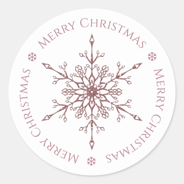 Girly Rose Gold Glitter Snowflake Merry Christmas Classic Round Sticker (Front)