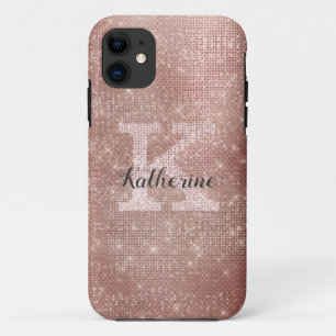 Girly Rose Gold Glitter Sparkle Glam Monogram Name iPhone 11 Case