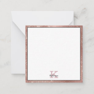 Girly Rose Gold Glitter Sparkle Monogram Name Note Card