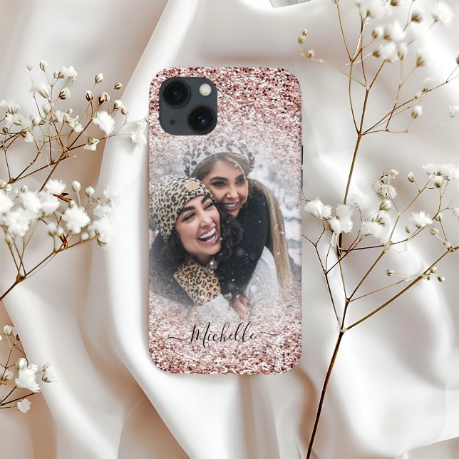 Girly Rose Gold Glitter Sparkle Photo Name Case-Mate iPhone Case (Creator Uploaded)