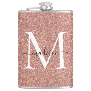 Girly Rose Gold Glitter Sparkle Stylish Monogram Hip Flask