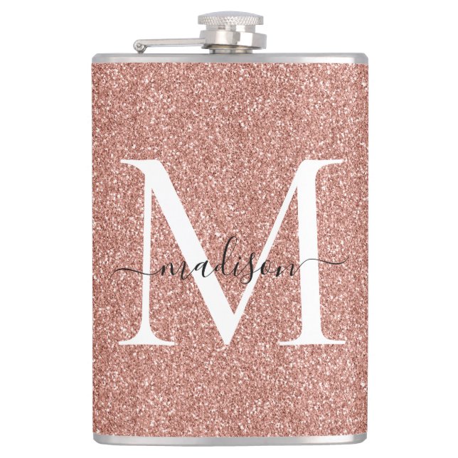 Girly Rose Gold Glitter Sparkle Stylish Monogram Hip Flask (Front)