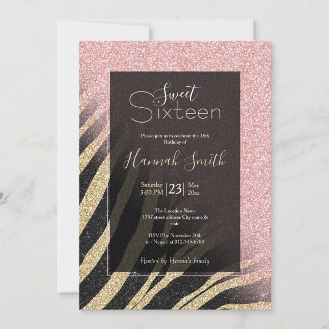 Girly Rose Gold Glitter Sparkles Black Zebra Print Invitation (Front)