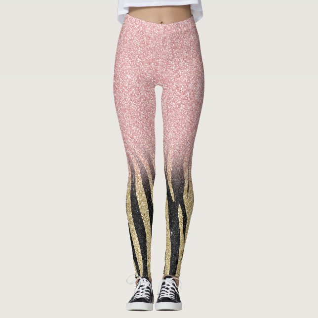 Girly Rose Gold Glitter Sparkles Black Zebra Print Leggings (Front)