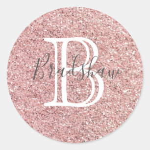 Girly Rose Gold Glitter Sparkles Monogram Name  Classic Round Sticker