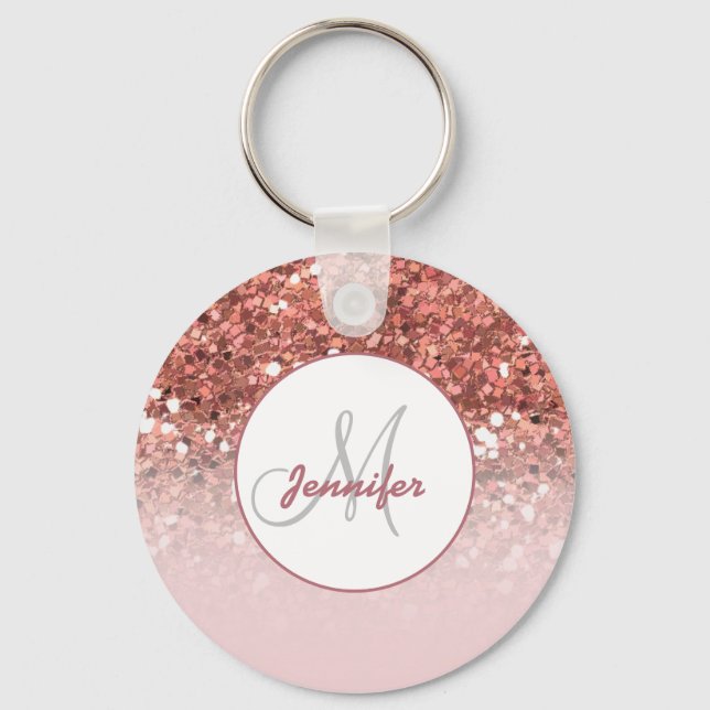 Girly Rose Gold Glitter Sparkles Monogram Name Keychain (Front)