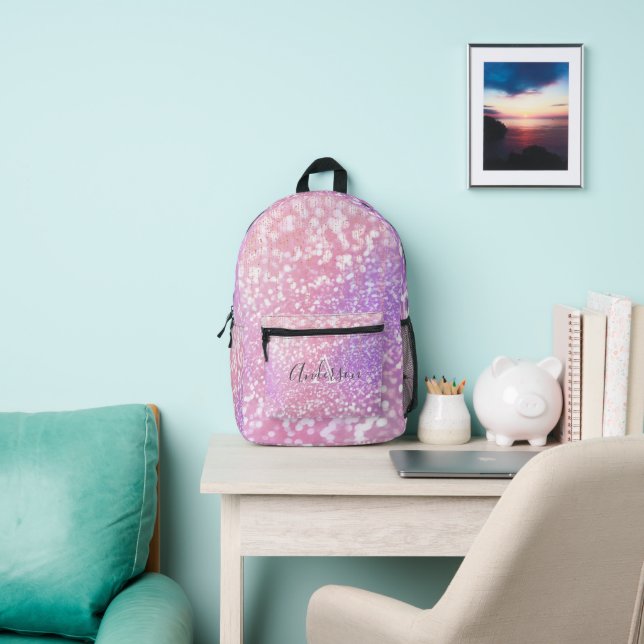 Girly Rose Gold Glitter Sparkles Monogram Name  Printed Backpack (Insitu)