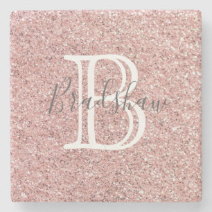 Girly Rose Gold Glitter Sparkles Monogram Name  Stone Coaster