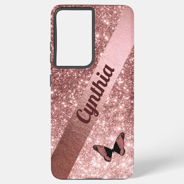 Girly Rose Gold Glitter with Butterfly | Add Name Samsung Galaxy S21 Ultra Case (Back)