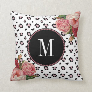 Girly Rose Gold Leopard Vintage Floral Monogram Throw Pillow