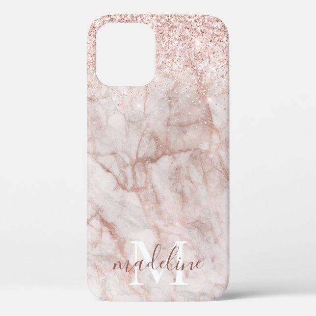 Girly Rose Gold Marble Glitter Monogrammed Name  Case-Mate iPhone Case (Back)