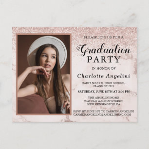Girly Rose Gold Marble Glitter Photo Graduation Postcard