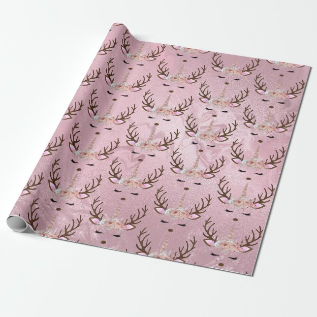 Girly rose gold marble unicorn reindeer pattern wrapping paper (Unrolled)