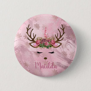 Girly rose gold marble unicorn reindeer snowflakes 2 inch round button