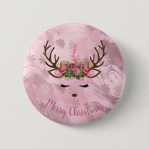 Girly rose gold marble unicorn reindeer snowflakes 2 inch round button