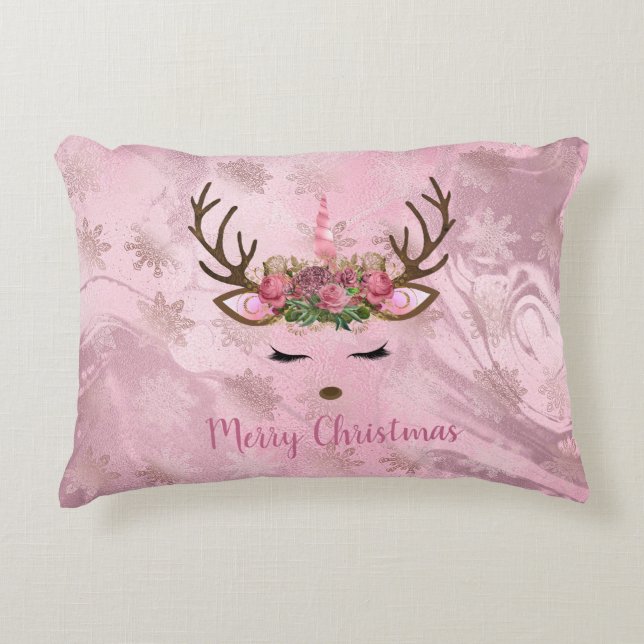 Girly rose gold marble unicorn reindeer snowflakes accent pillow (Front)
