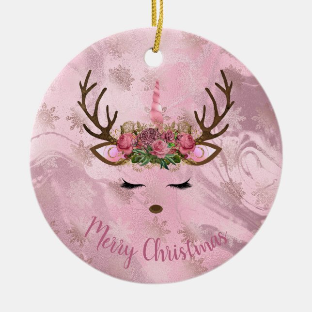 Girly rose gold marble unicorn reindeer snowflakes ceramic ornament (Front)