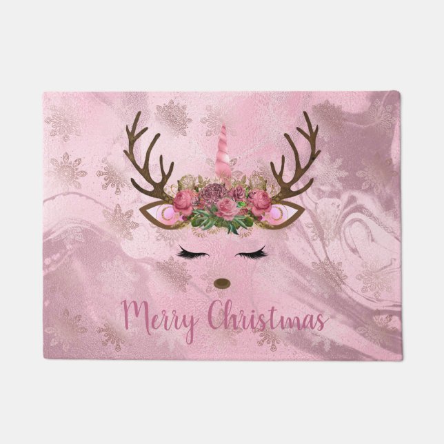 Girly rose gold marble unicorn reindeer snowflakes doormat (Front)